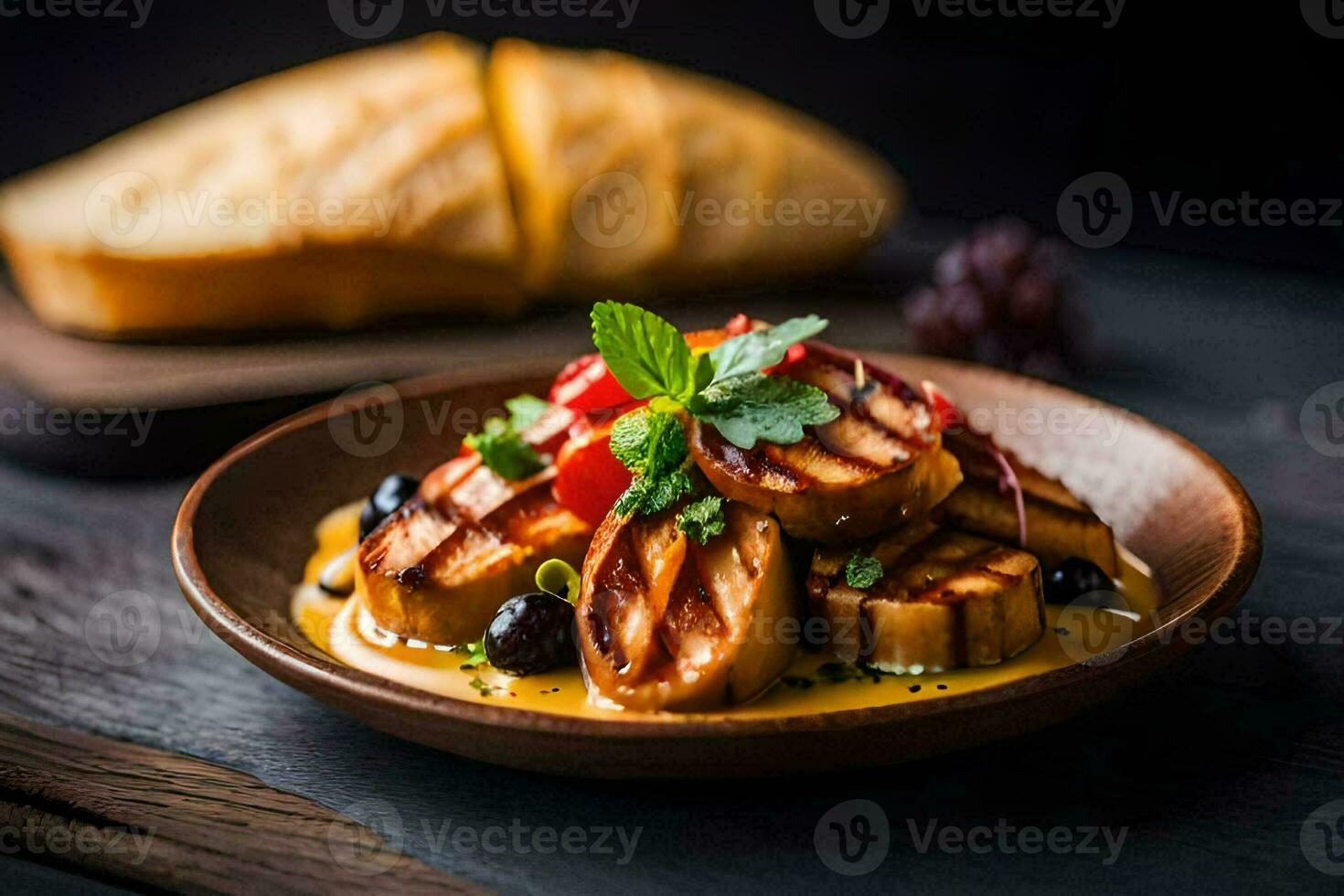 grilled chicken breast with a sauce and a slice of bread. AI-Generated photo