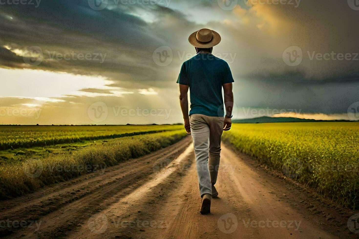 un hombre en un sombrero camina abajo un suciedad la carretera. generado por ai foto