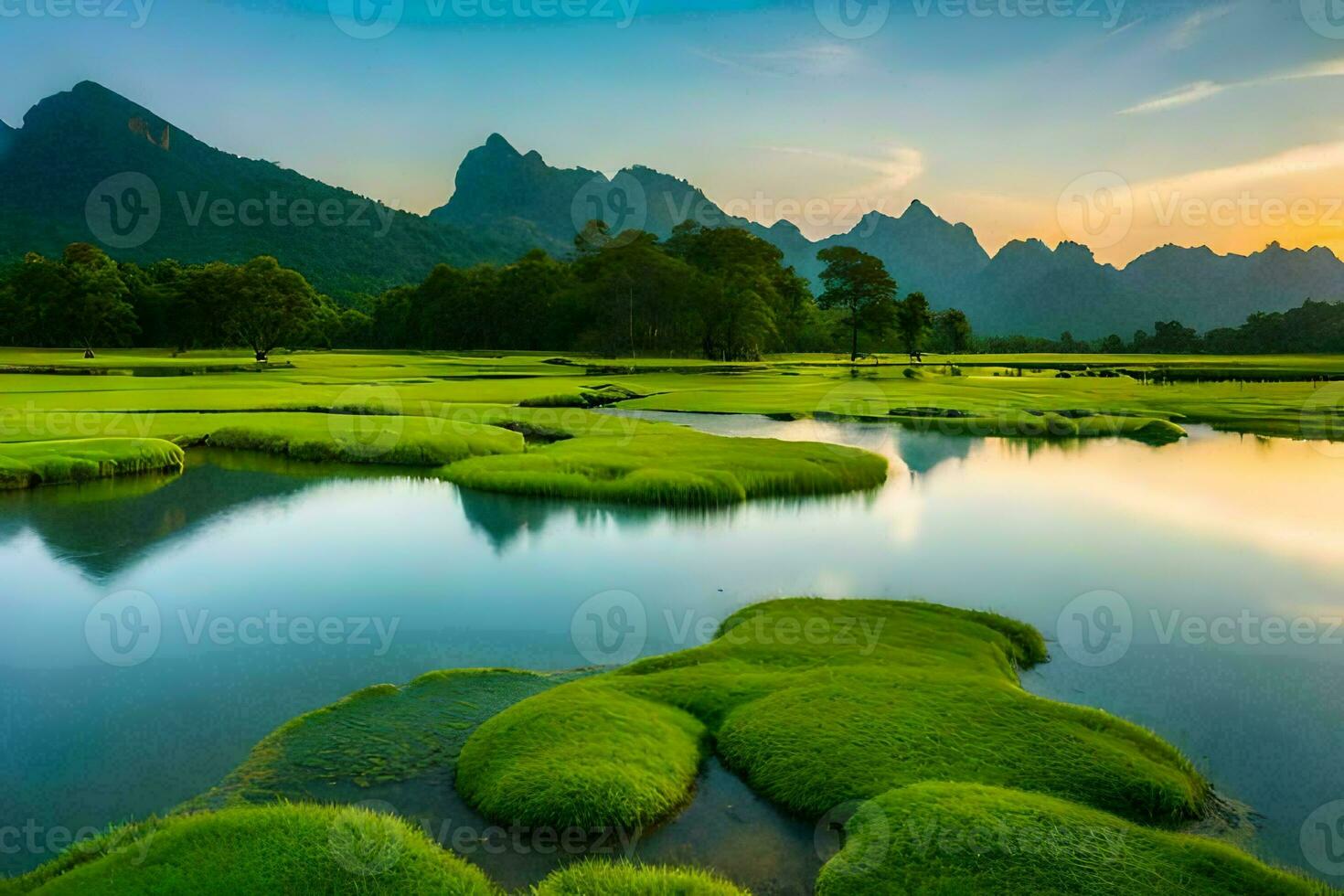 a beautiful landscape with green grass and water. AI-Generated photo