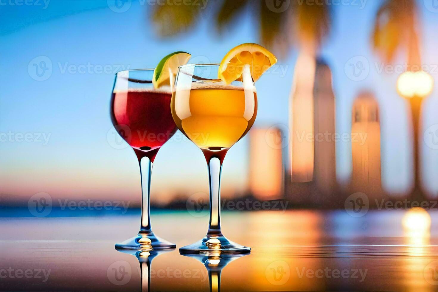 two glasses of wine with orange slices on the table. AI-Generated photo