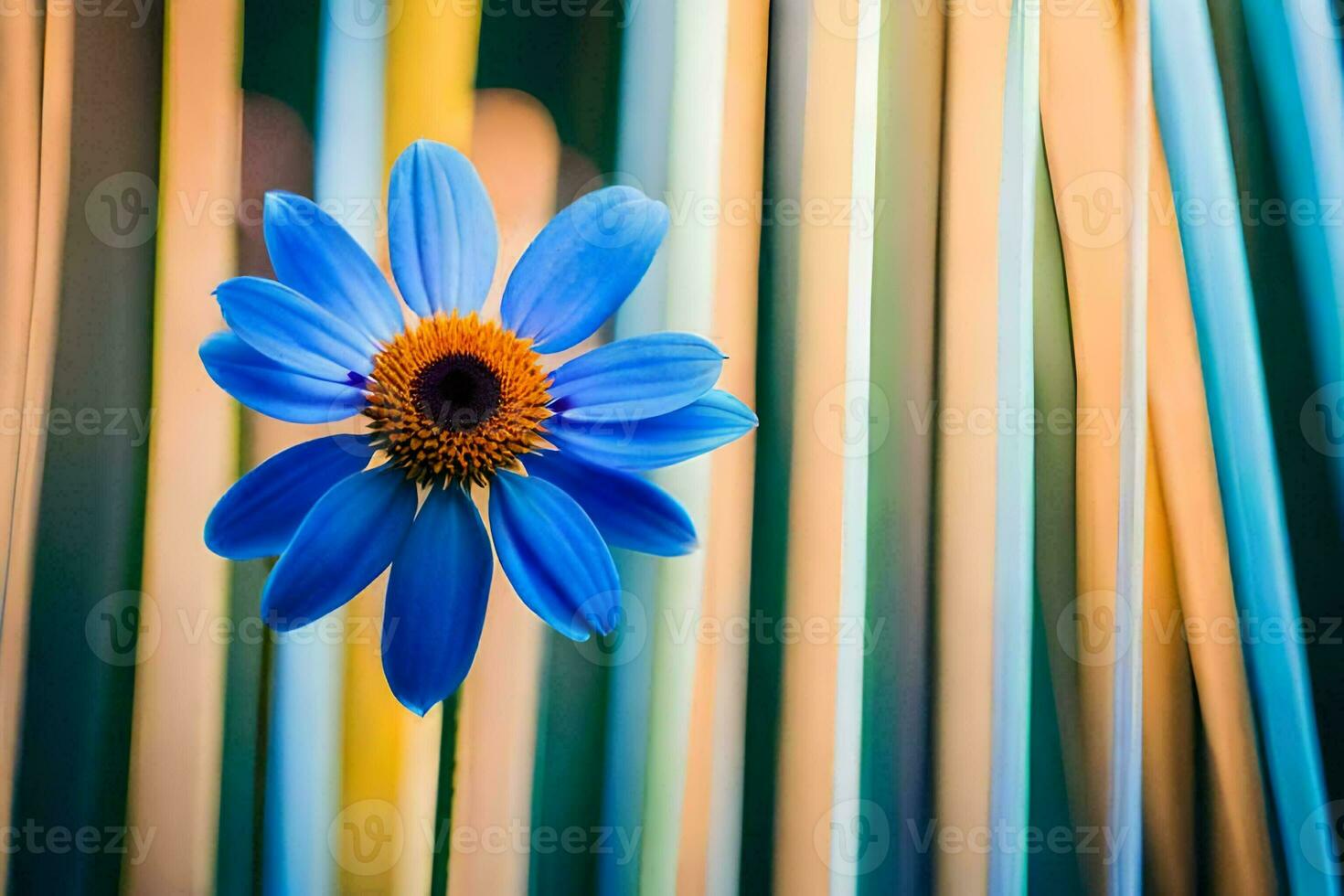 a blue flower is standing in front of a striped background. AI-Generated photo