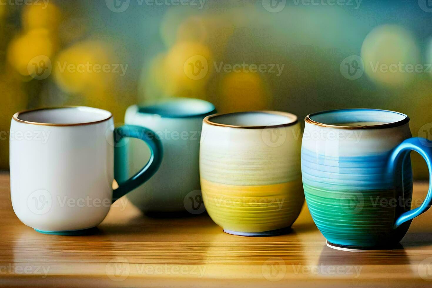 three different colored coffee cups on a table. AI-Generated photo