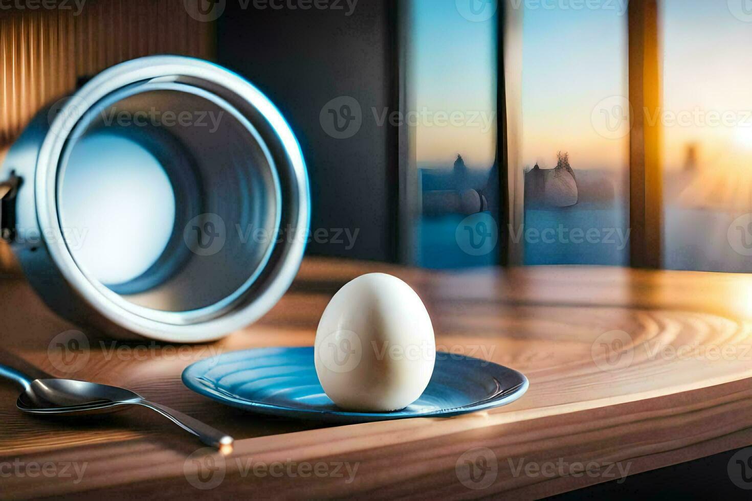 an egg on a plate with a spoon and a cup. AI-Generated photo