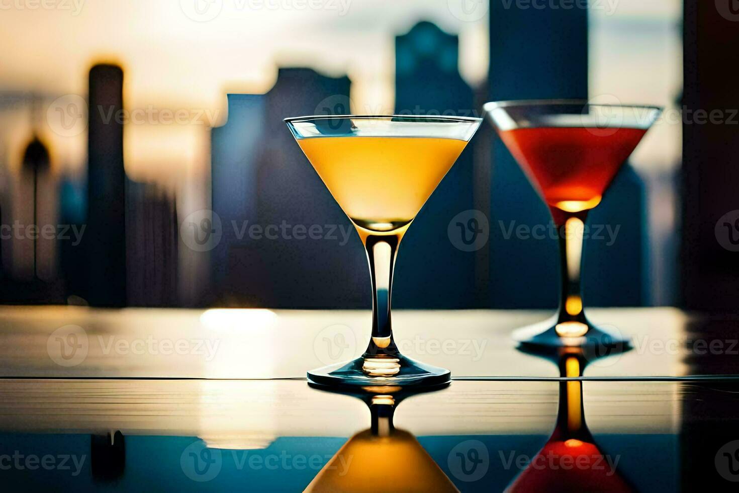 two cocktails sit on a table in front of a city skyline. AI-Generated photo