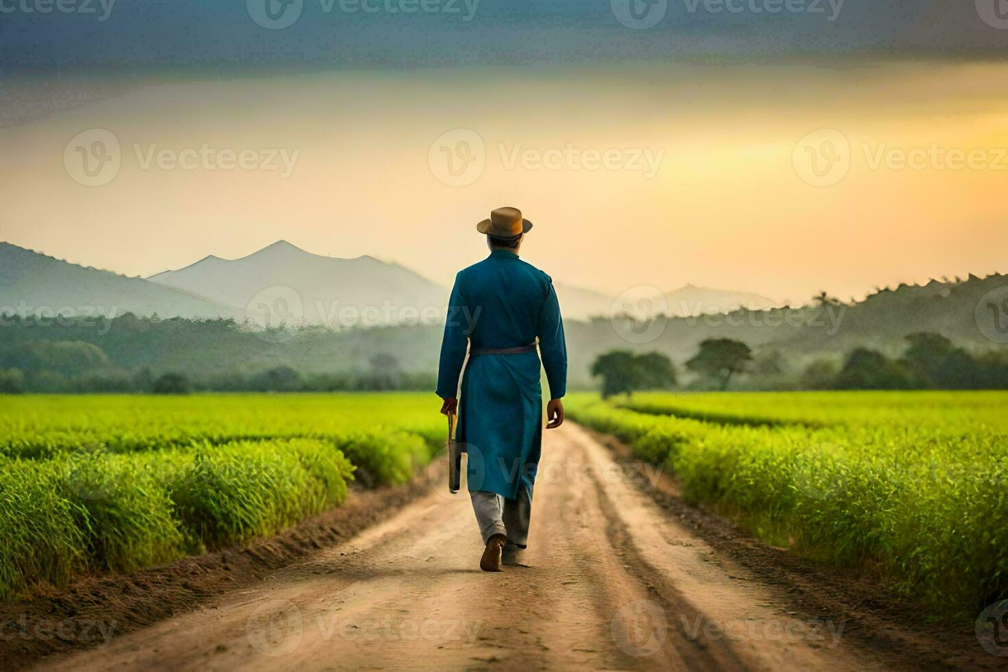 a man in a blue suit walks down a dirt road. AI-Generated photo