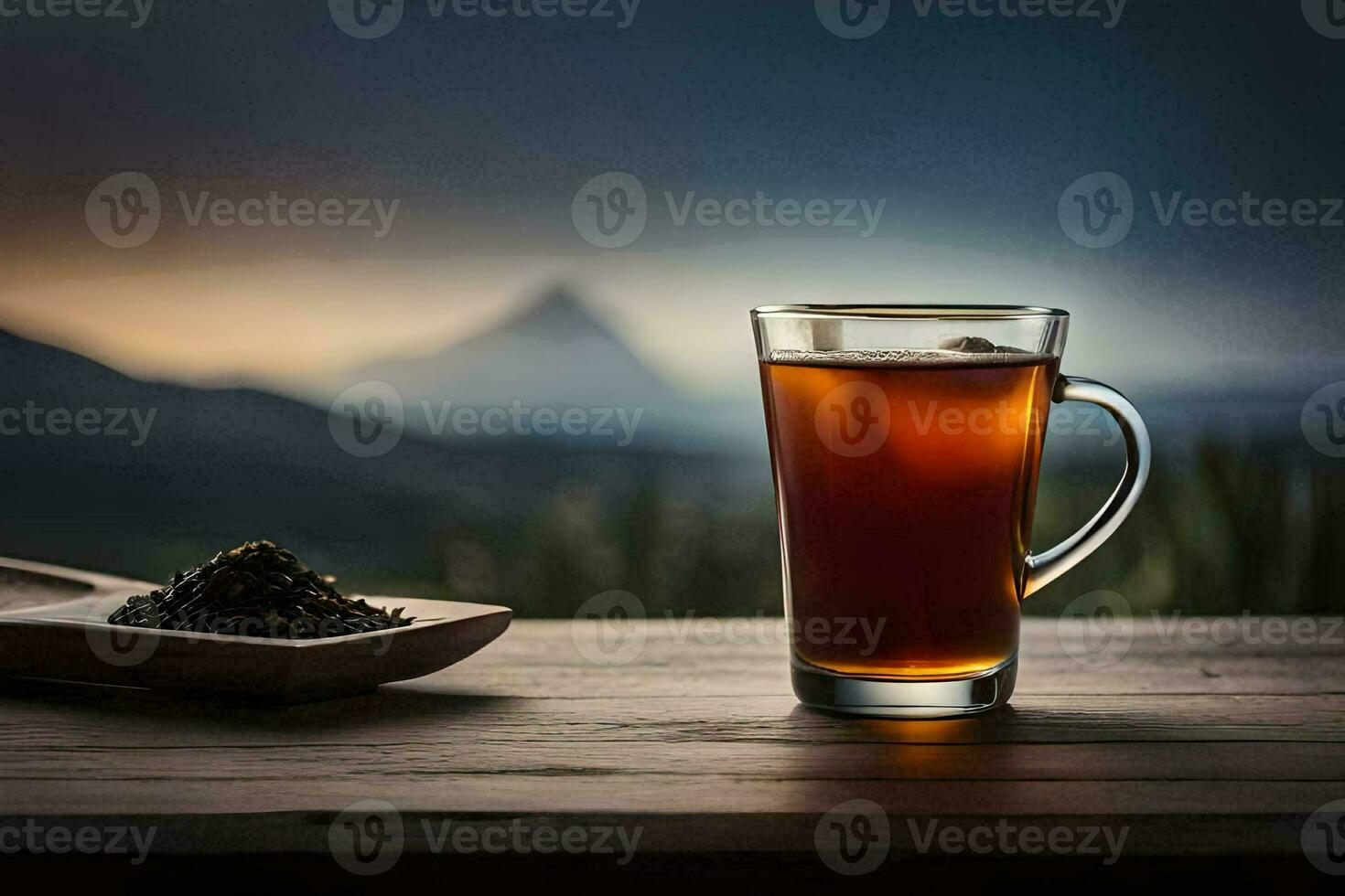 a glass of tea on a wooden table with a mountain in the background. AI-Generated photo