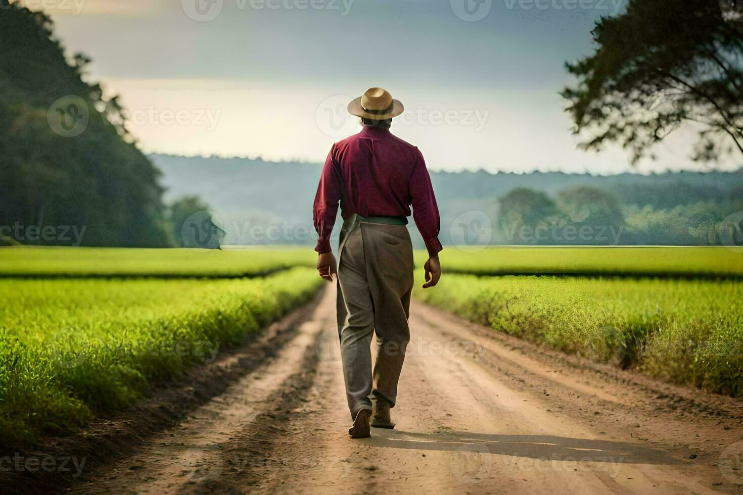 a man in a hat walks down a dirt road. AI-Generated photo