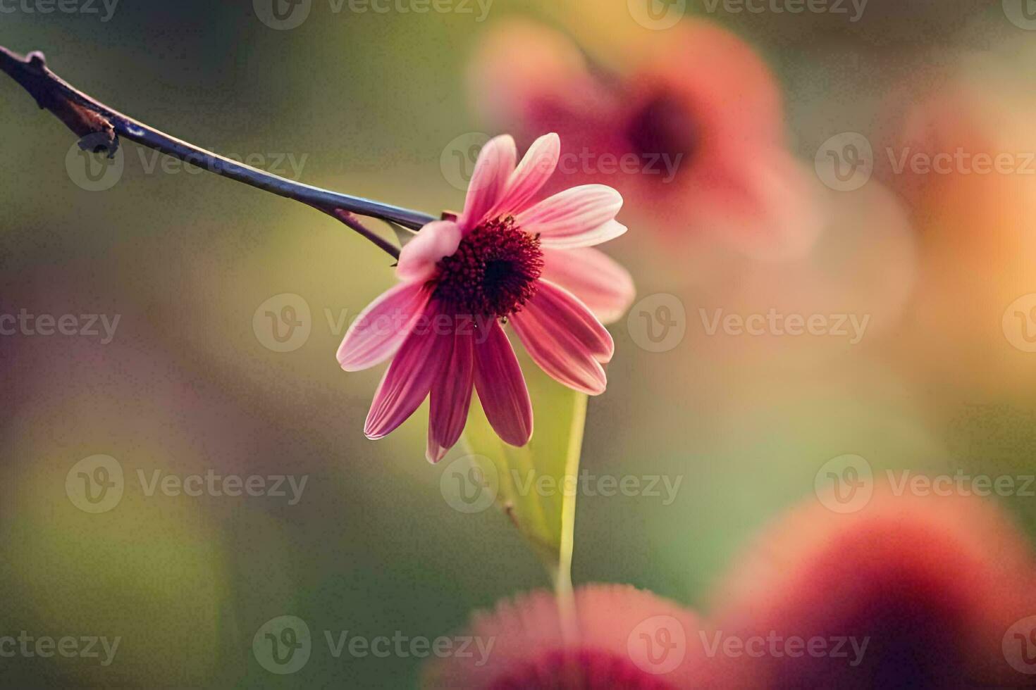 a pink flower is in the foreground of a blurry photo. AI-Generated photo