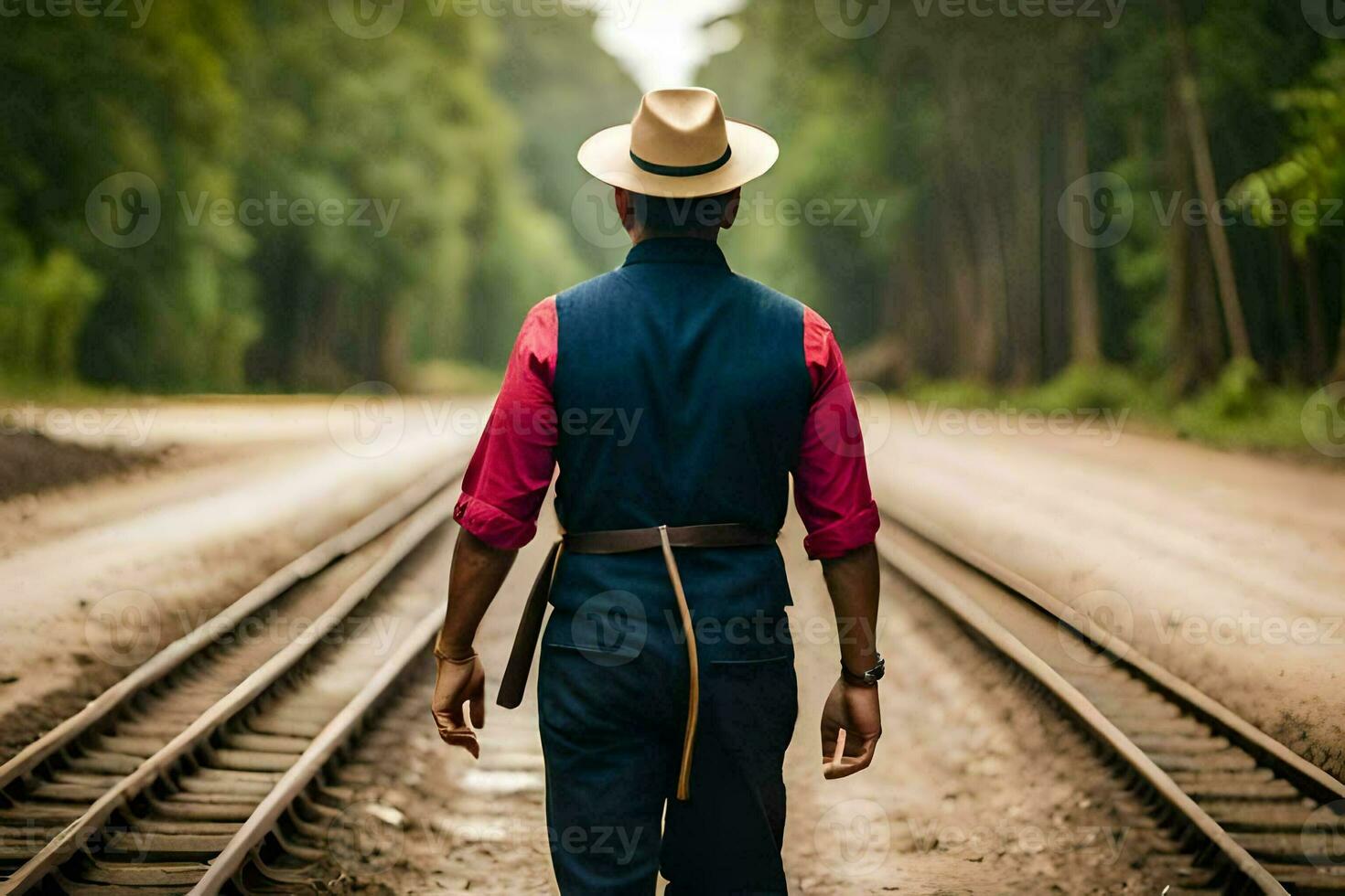 a man in a hat and vest walking on railroad tracks. AI-Generated photo