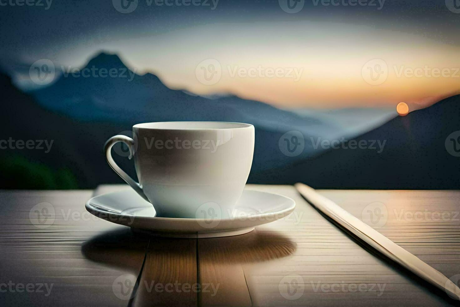 coffee cup, the mountains, sunrise, the sun, the mountains, the sunrise, the. AI-Generated photo