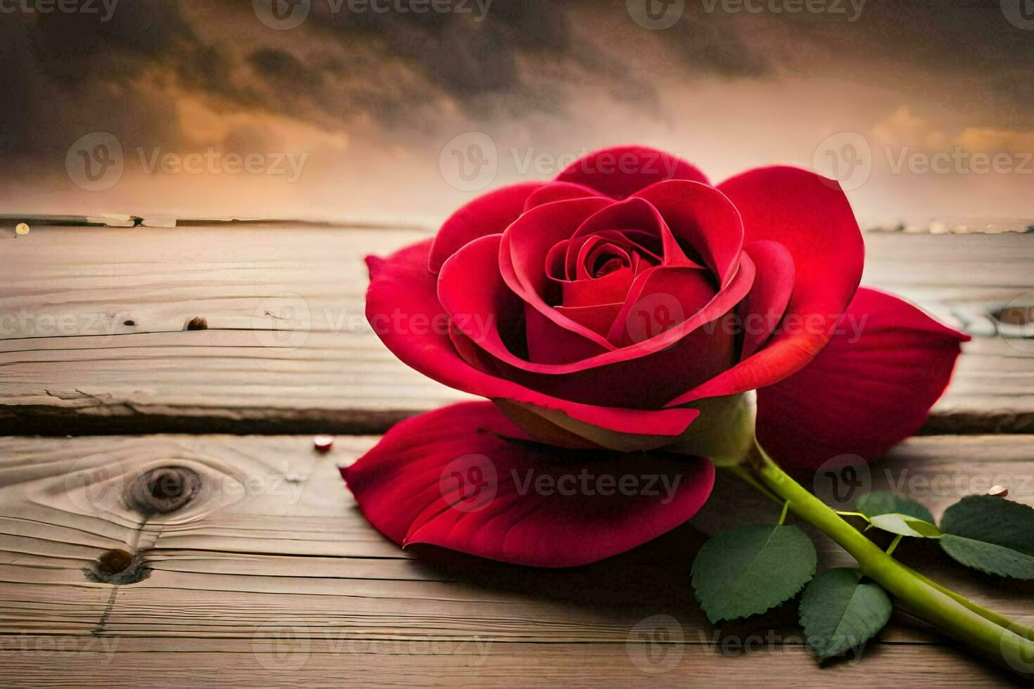 a single red rose on a wooden table. AI-Generated photo