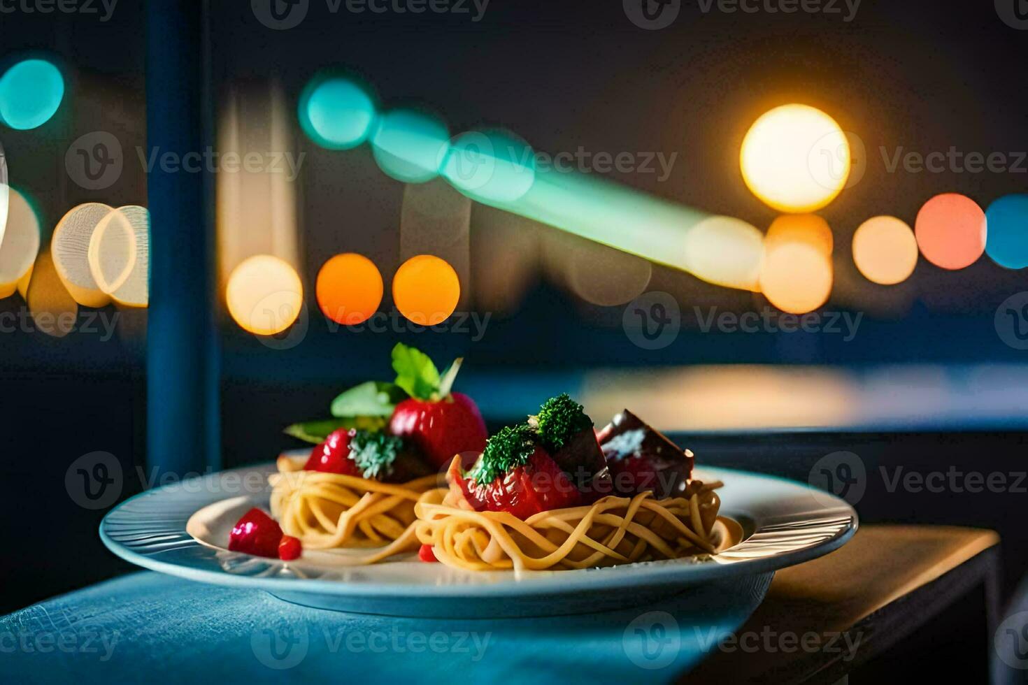 un plato de pasta con fresas y un ver de el ciudad. generado por ai foto