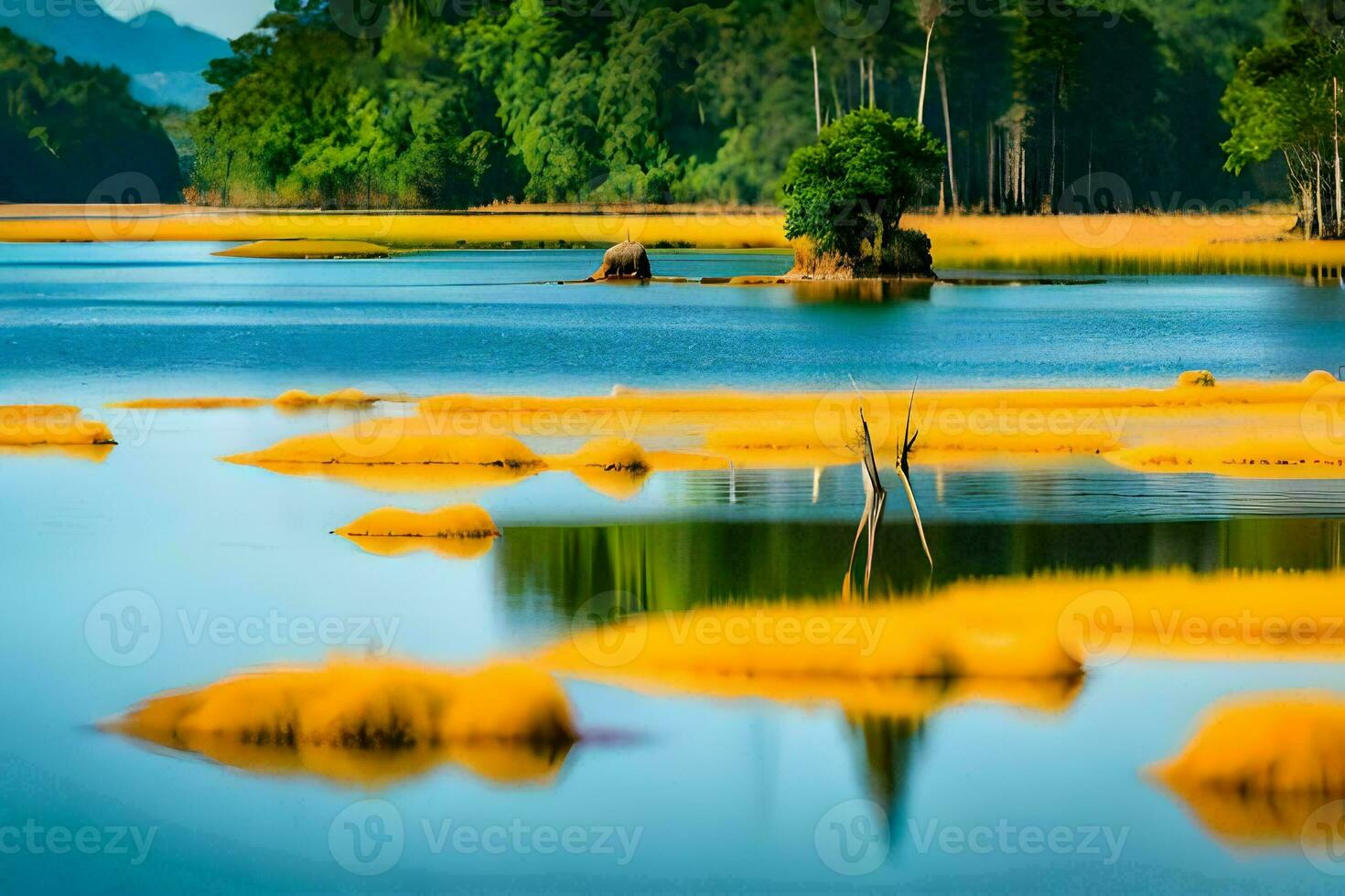 a lake with yellow grass and trees in the background. AI-Generated photo