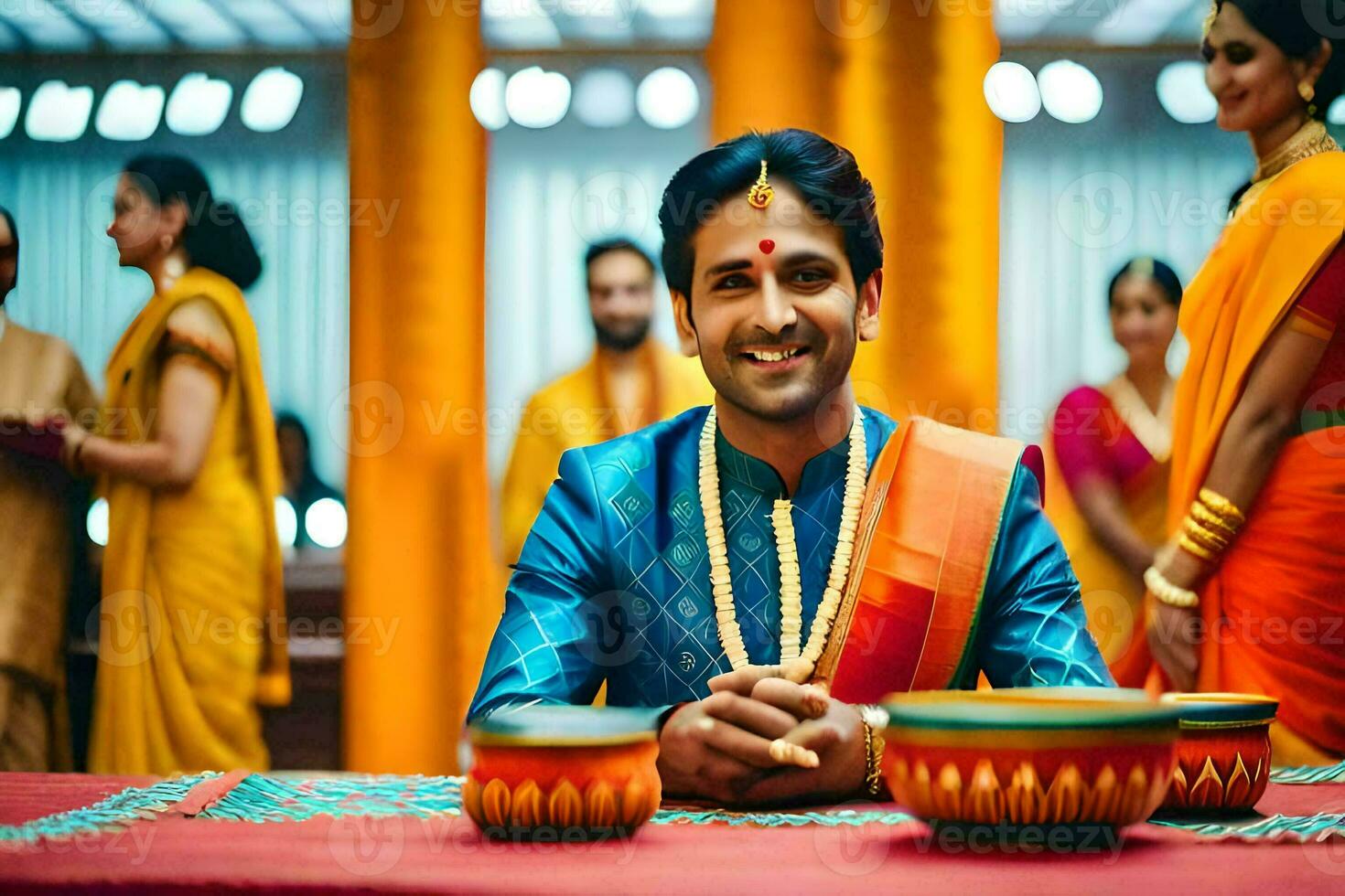 a man in an indian wedding outfit sits at a table with his family. AI-Generated photo