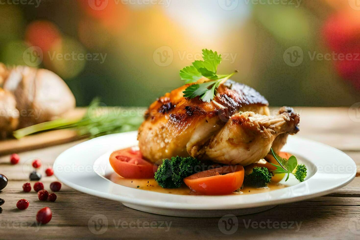 un pollo en un plato con vegetales y un pan. generado por ai foto