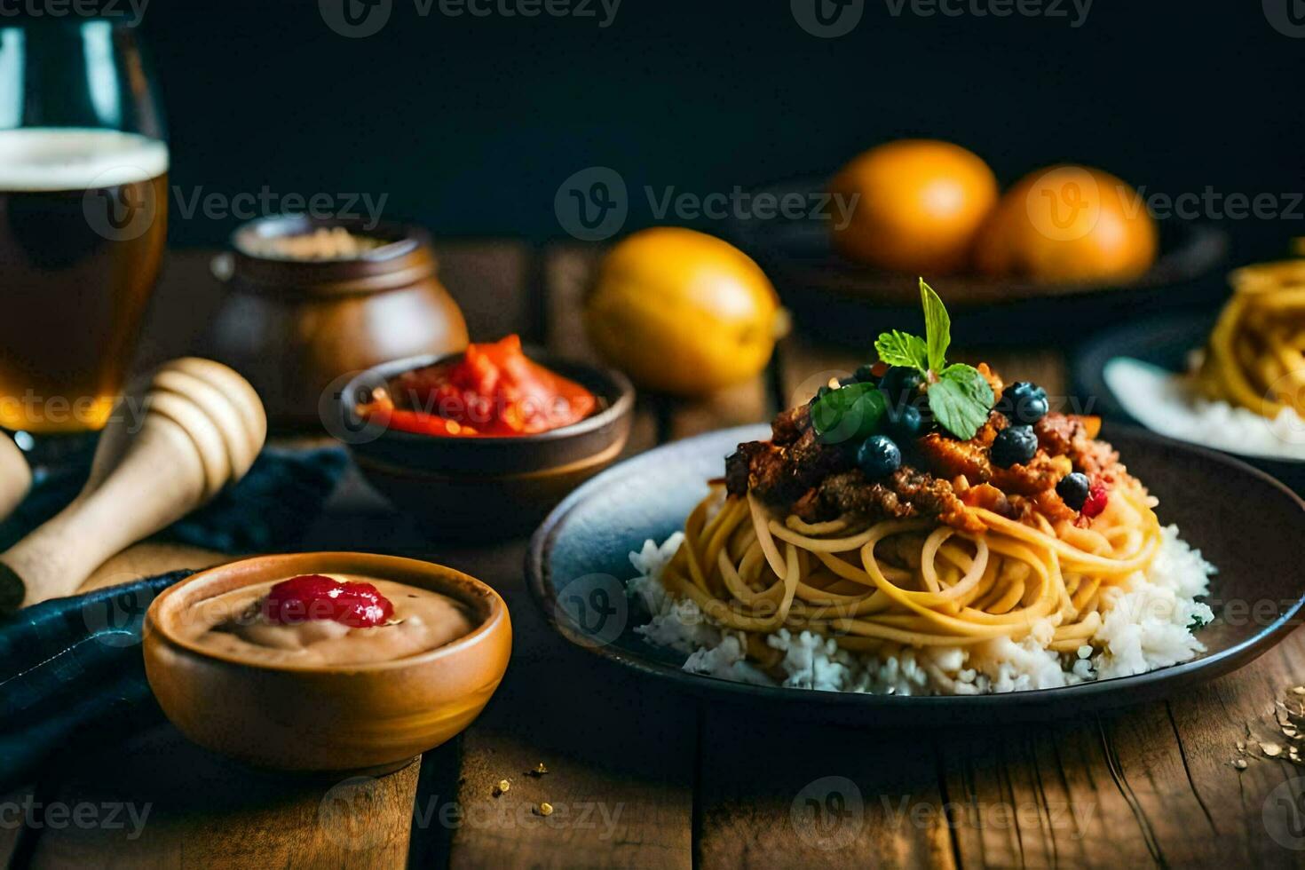 spaghetti with meat sauce and vegetables on a wooden table. AI-Generated photo