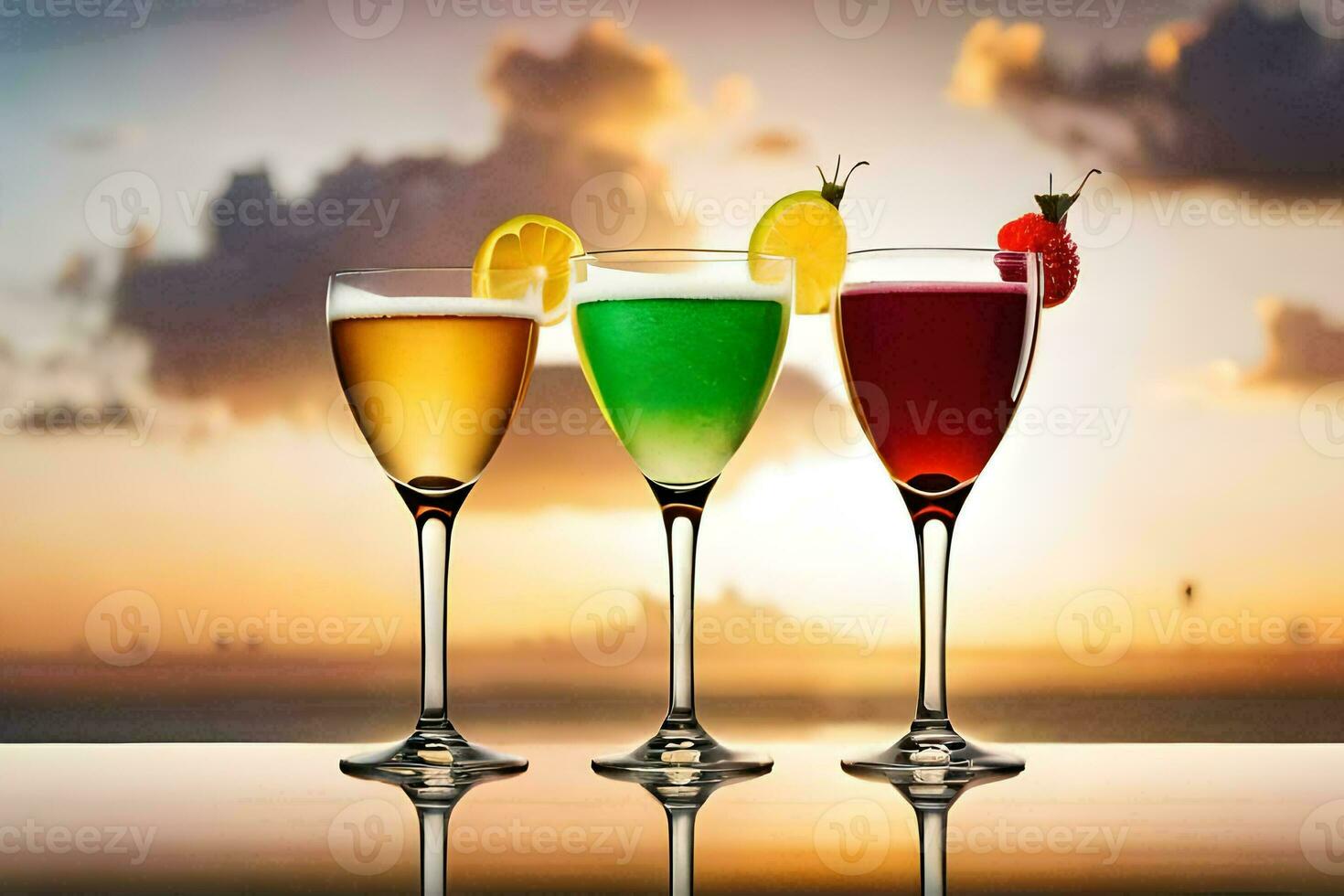 three glasses of different colored drinks with sunset in the background. AI-Generated photo