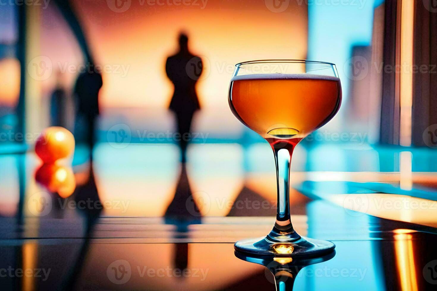 a glass of wine on a table in front of a city skyline. AI-Generated photo