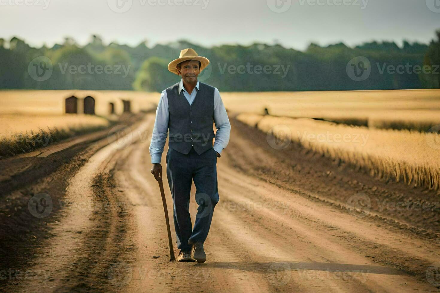 an african man in a hat and suit walking down a dirt road. AI-Generated photo