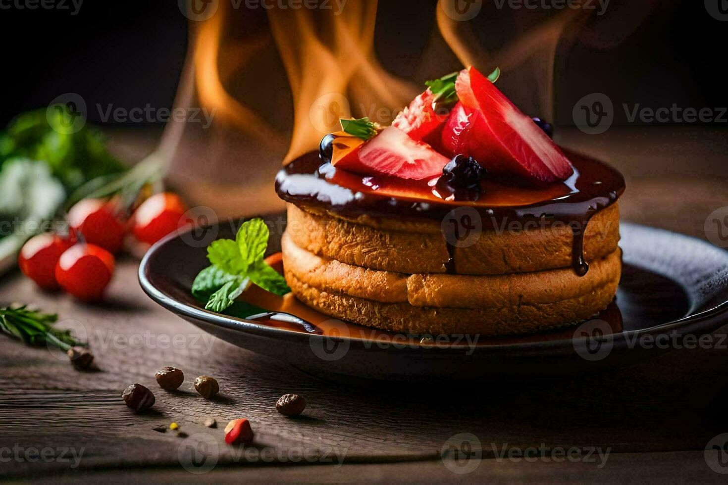 un pastel con fresas y chocolate salsa en cima. generado por ai foto