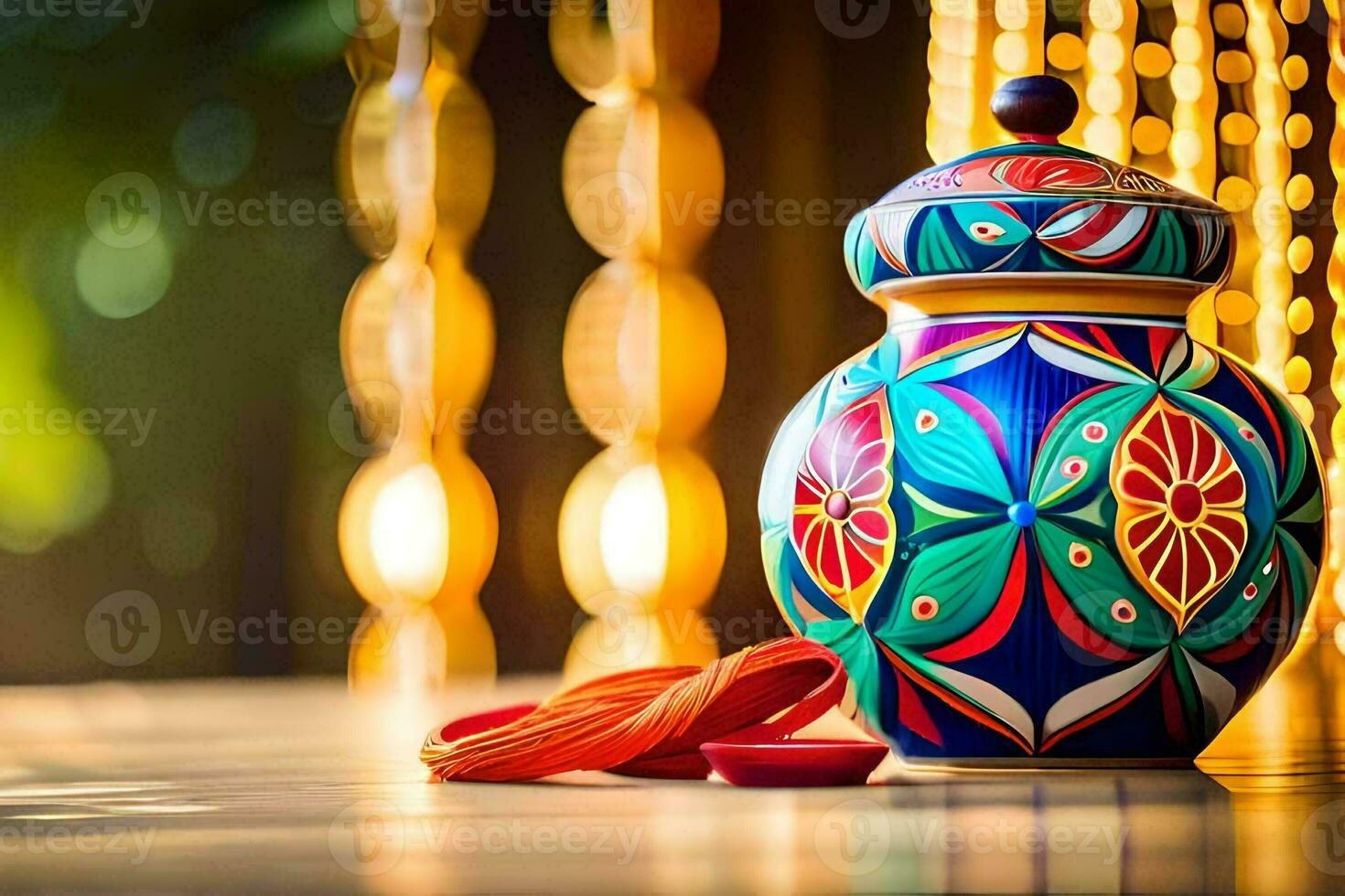 a colorful vase with a candle on a table. AI-Generated photo