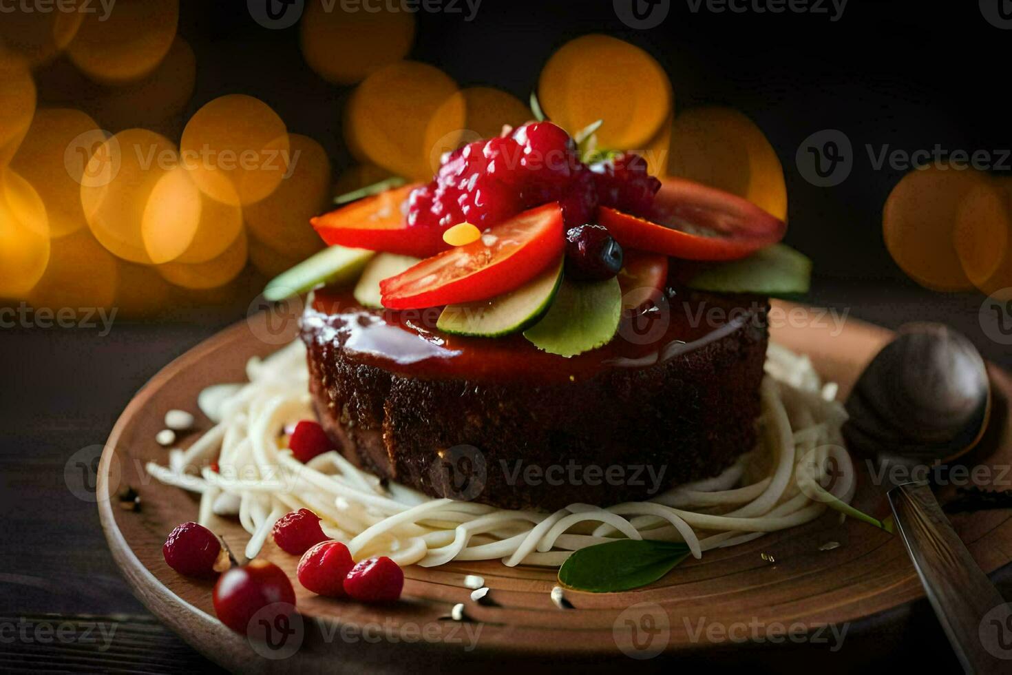 a dessert with berries and tomatoes on a plate. AI-Generated photo