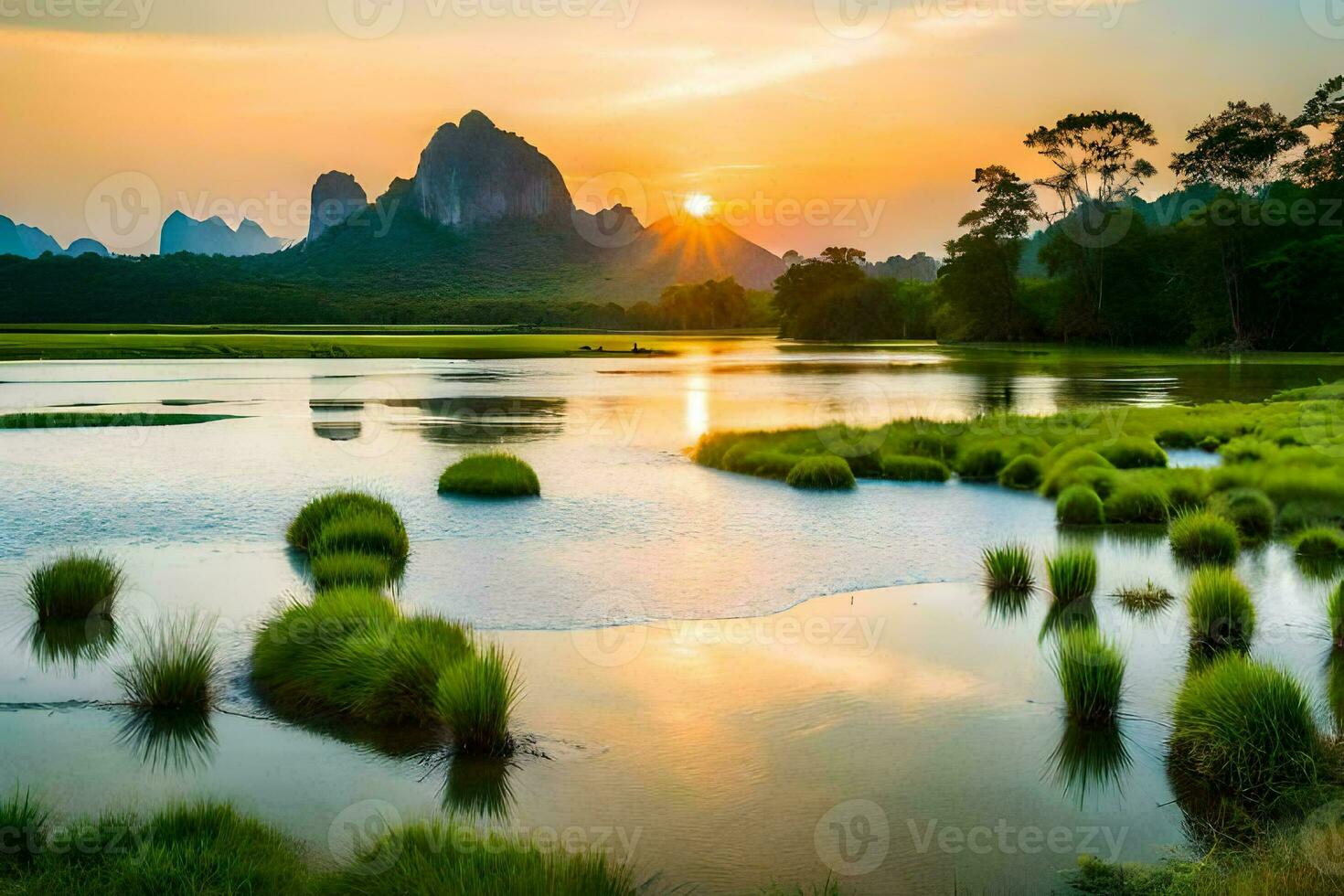 the sunrise over the li river in china. AI-Generated photo