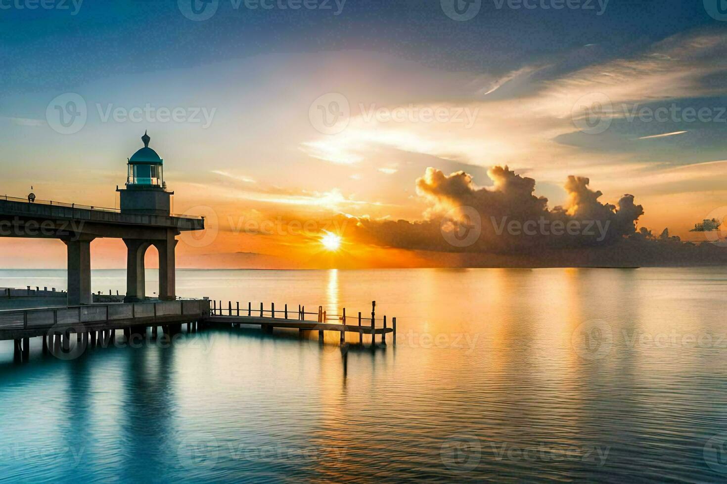 a lighthouse stands on the pier at sunset. AI-Generated photo