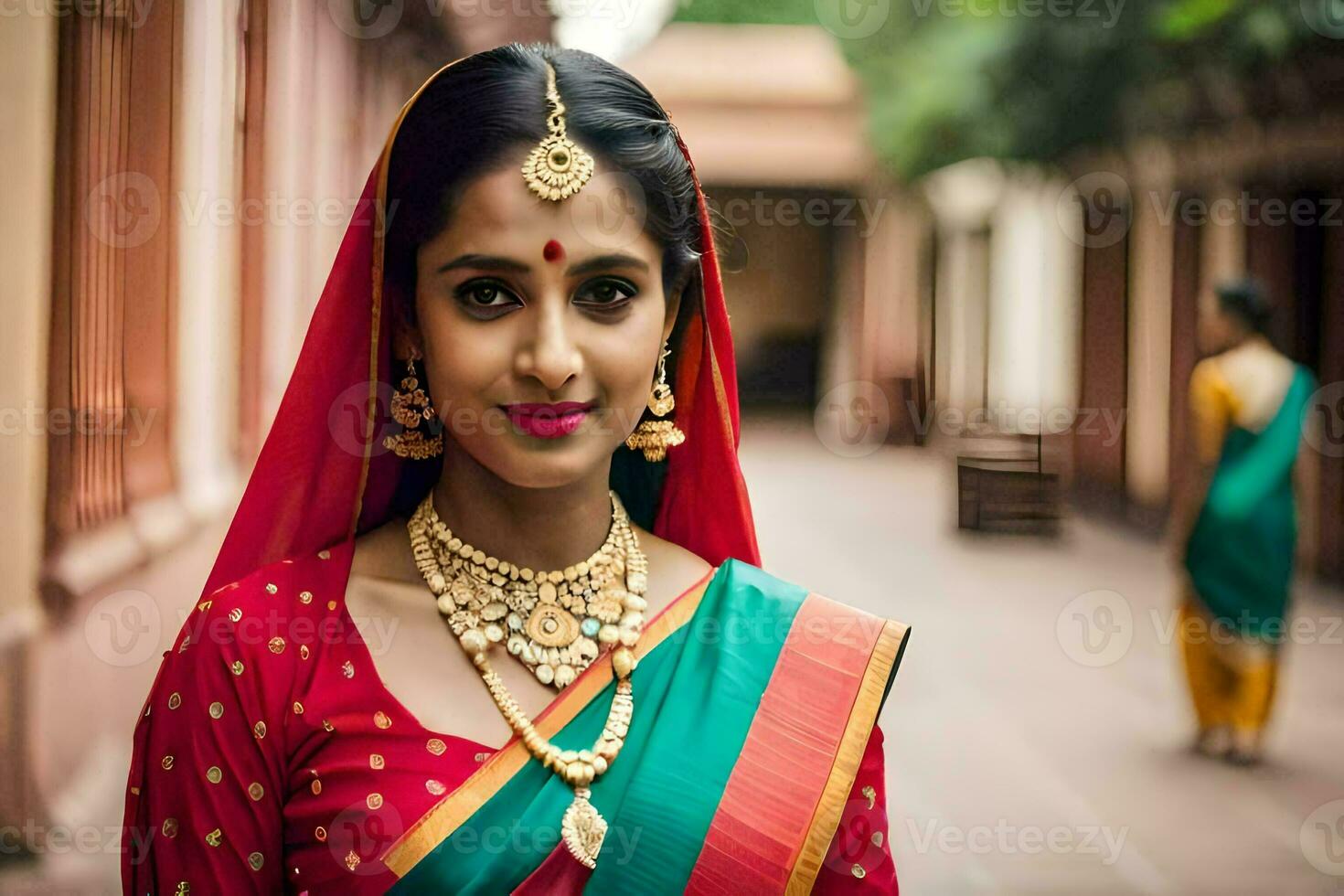 a beautiful indian woman wearing a traditional sari. AI-Generated photo