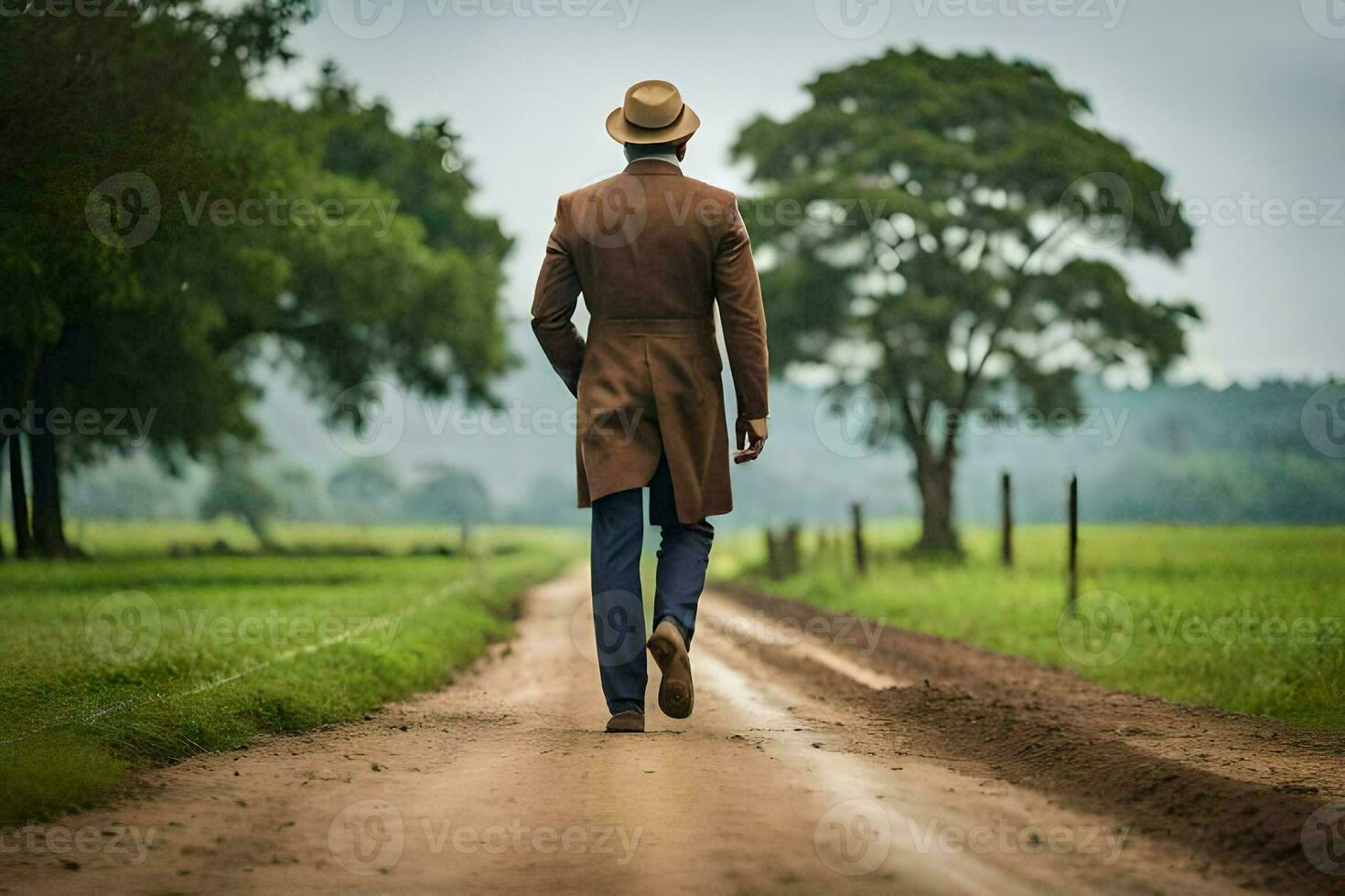 a man in a brown coat and hat walking down a dirt road. AI-Generated photo