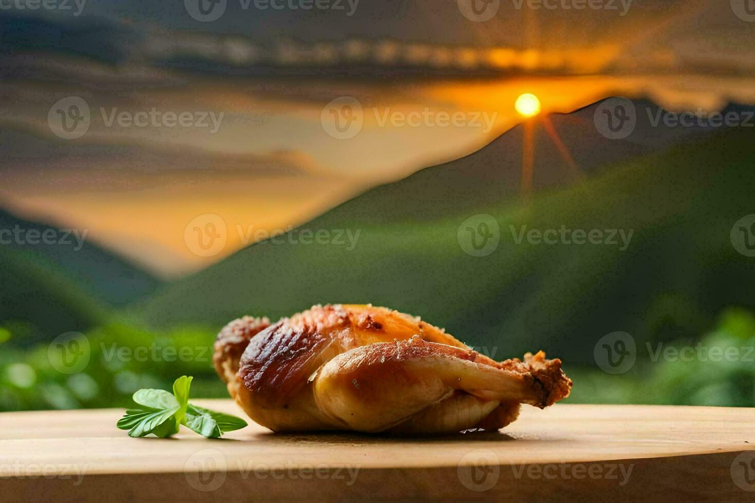 a chicken on a wooden board with the sun setting in the background. AI-Generated photo