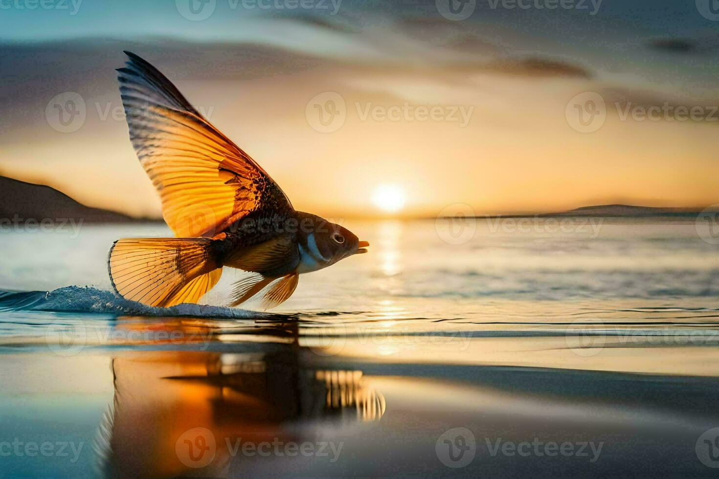 un pescado volador fuera de el agua a puesta de sol. generado por ai foto