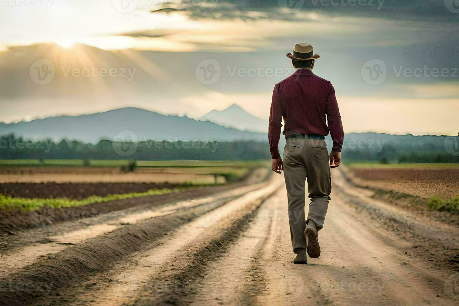 a man in a hat walks down a dirt road. AI-Generated photo