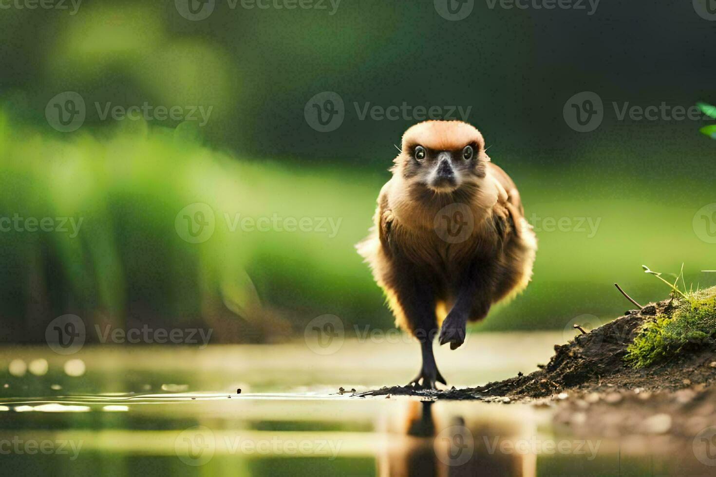 a monkey walking across a river. AI-Generated photo