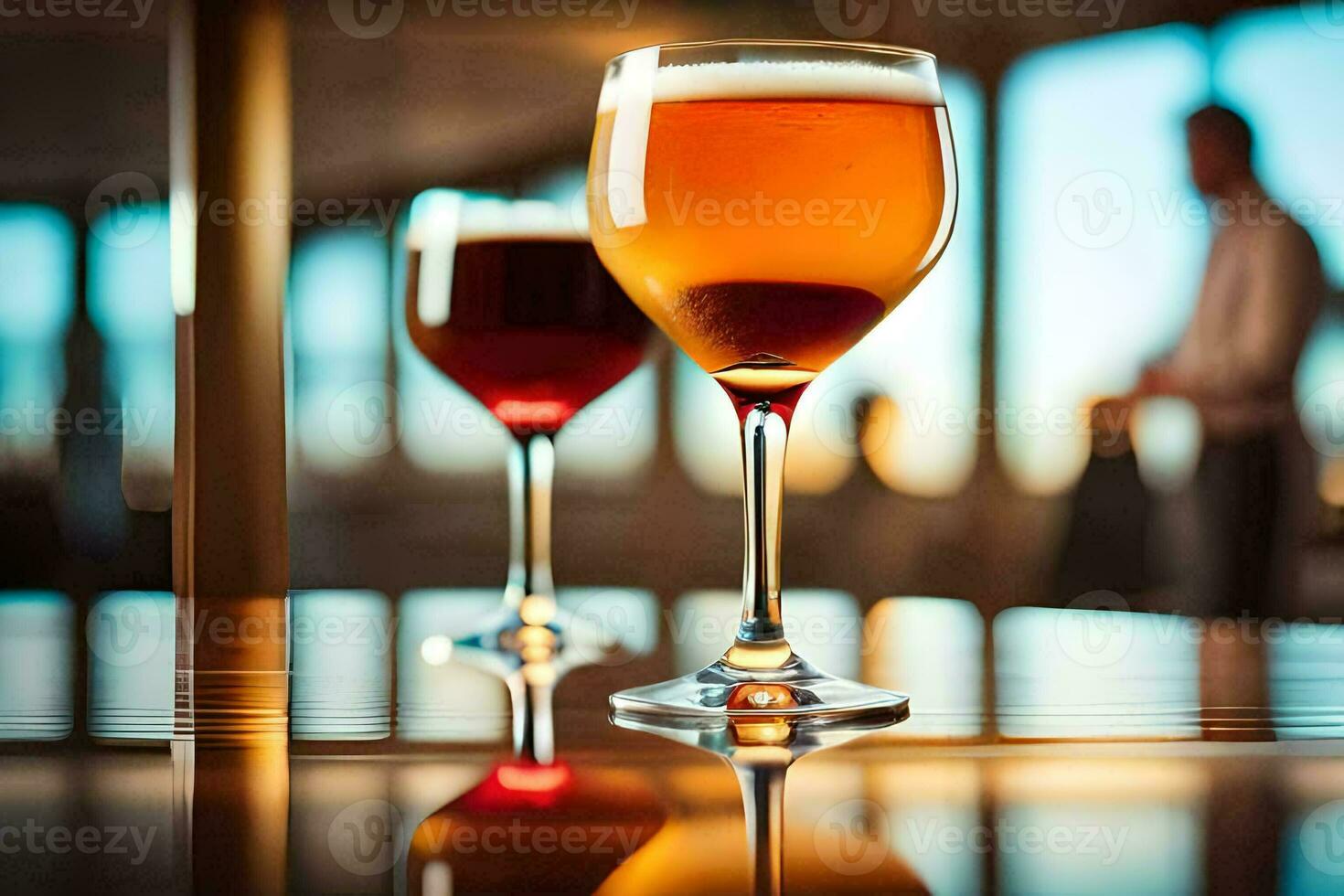 two glasses of beer on a table with a man in the background. AI-Generated photo