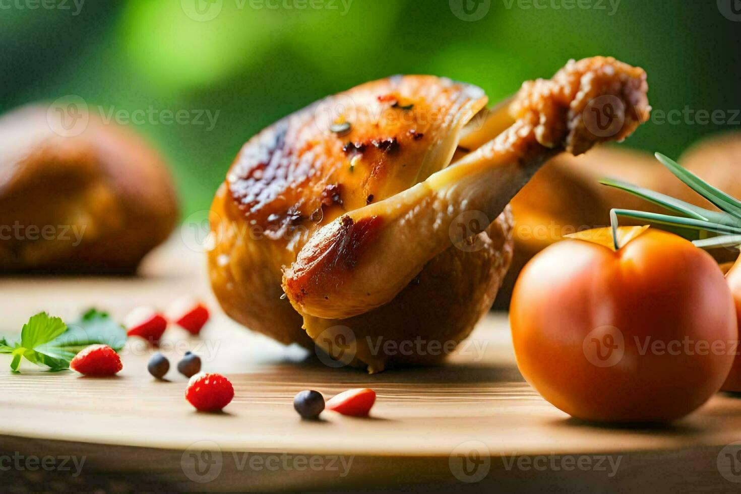 a chicken on a wooden cutting board with tomatoes and herbs. AI-Generated photo