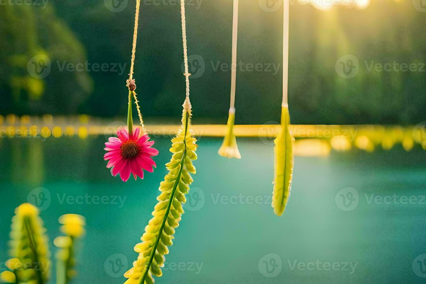 a flower hanging from a rope by a lake. AI-Generated photo
