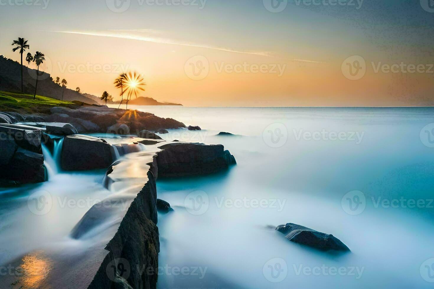 a long exposure photograph of the sun setting over the ocean. AI-Generated photo