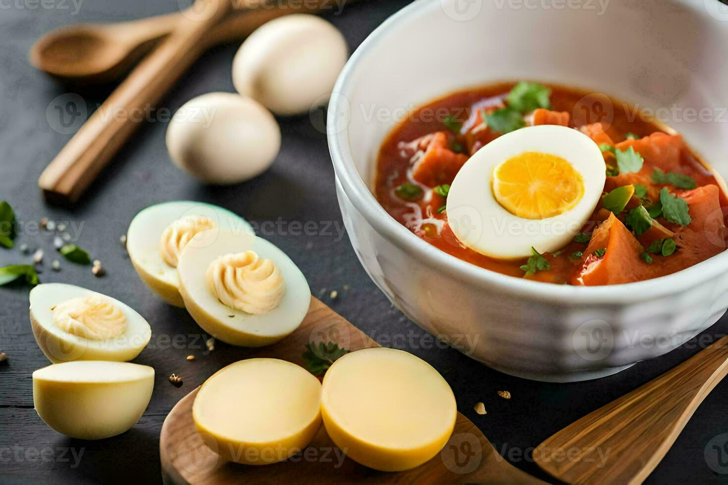 a bowl of stew with eggs and other ingredients. AI-Generated photo
