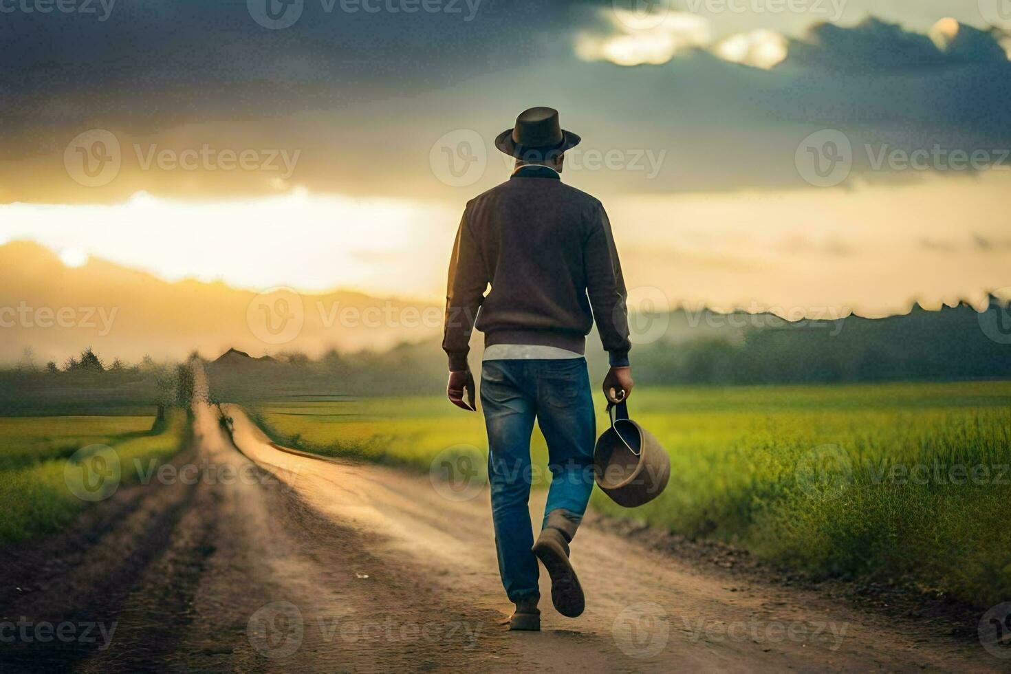 a man walking down a dirt road with a hat. AI-Generated photo