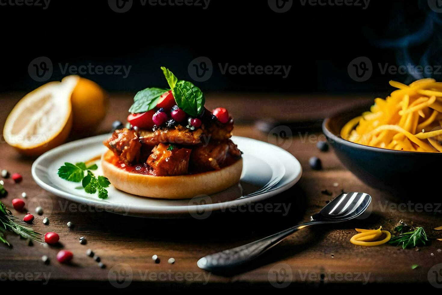 the food is served on a wooden table with a wooden spoon and a fork. AI-Generated photo