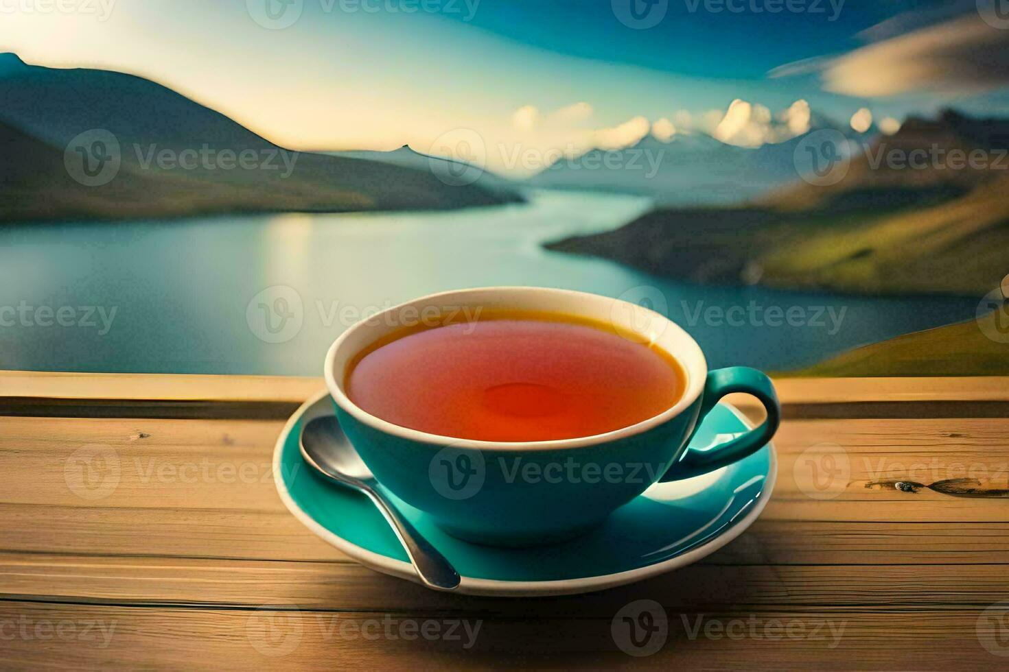 un taza de té en un de madera mesa con un ver de un lago y montañas. generado por ai foto