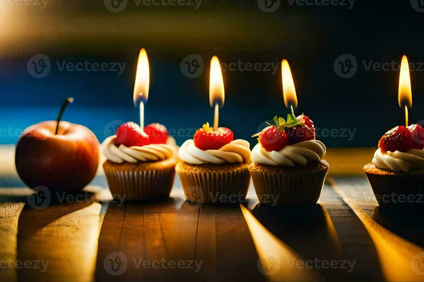 four cupcakes with candles on top of them. AI-Generated photo