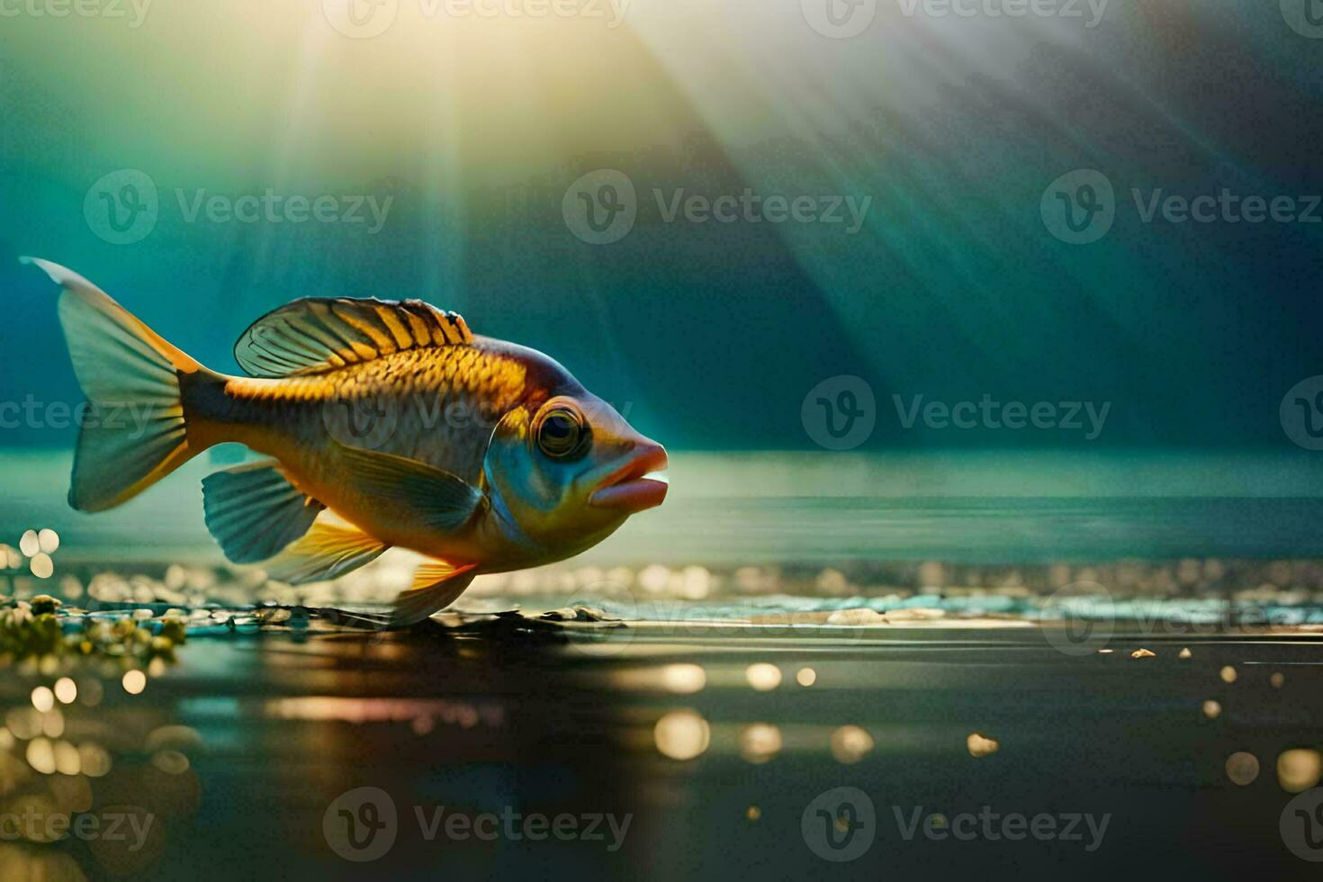 a fish is standing on the water with sunlight shining. AI-Generated photo