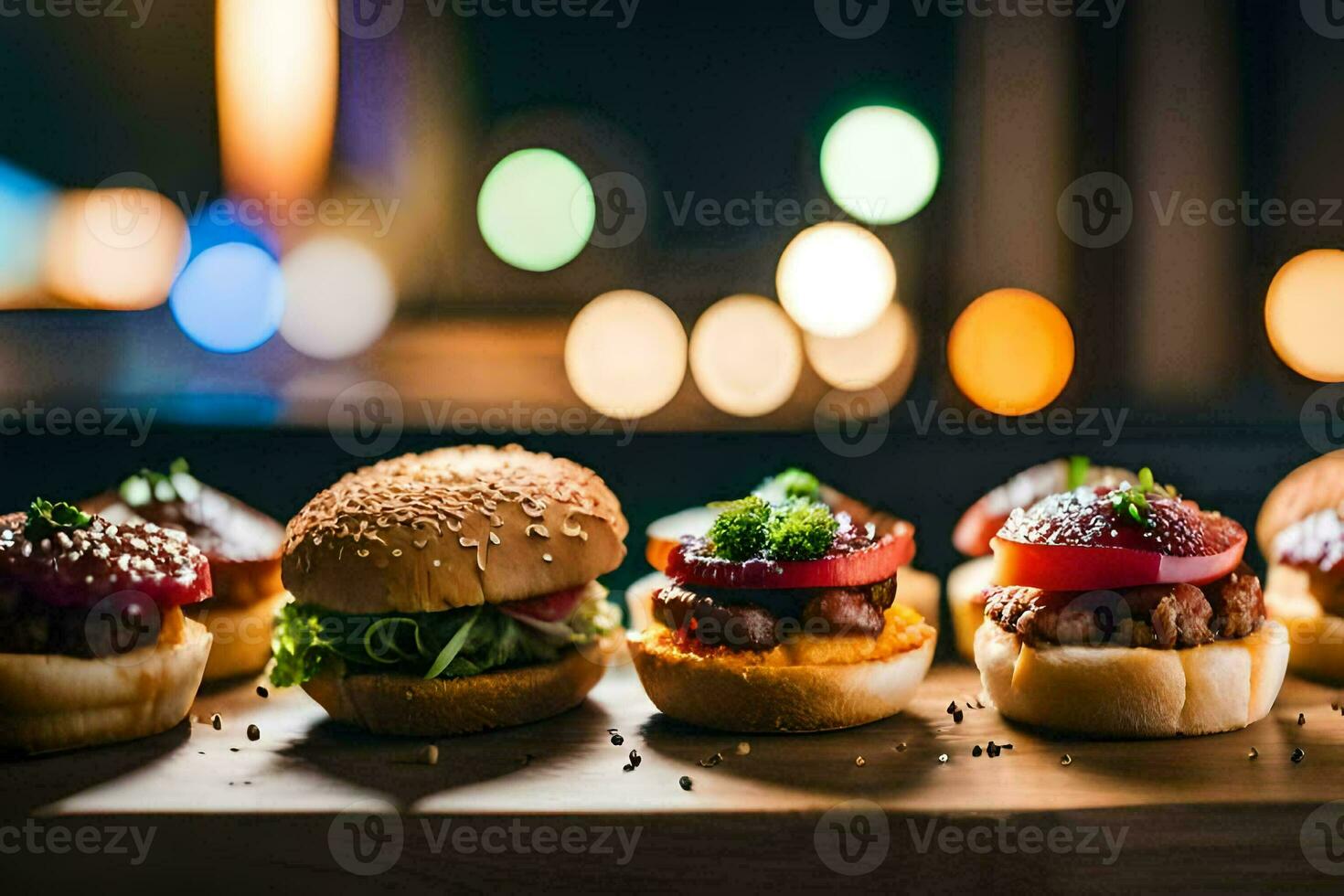 a group of mini burgers on a wooden board. AI-Generated photo