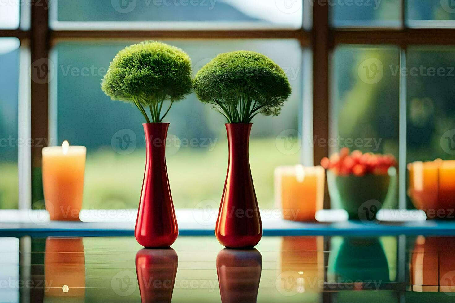 two red vases with green plants in them. AI-Generated photo