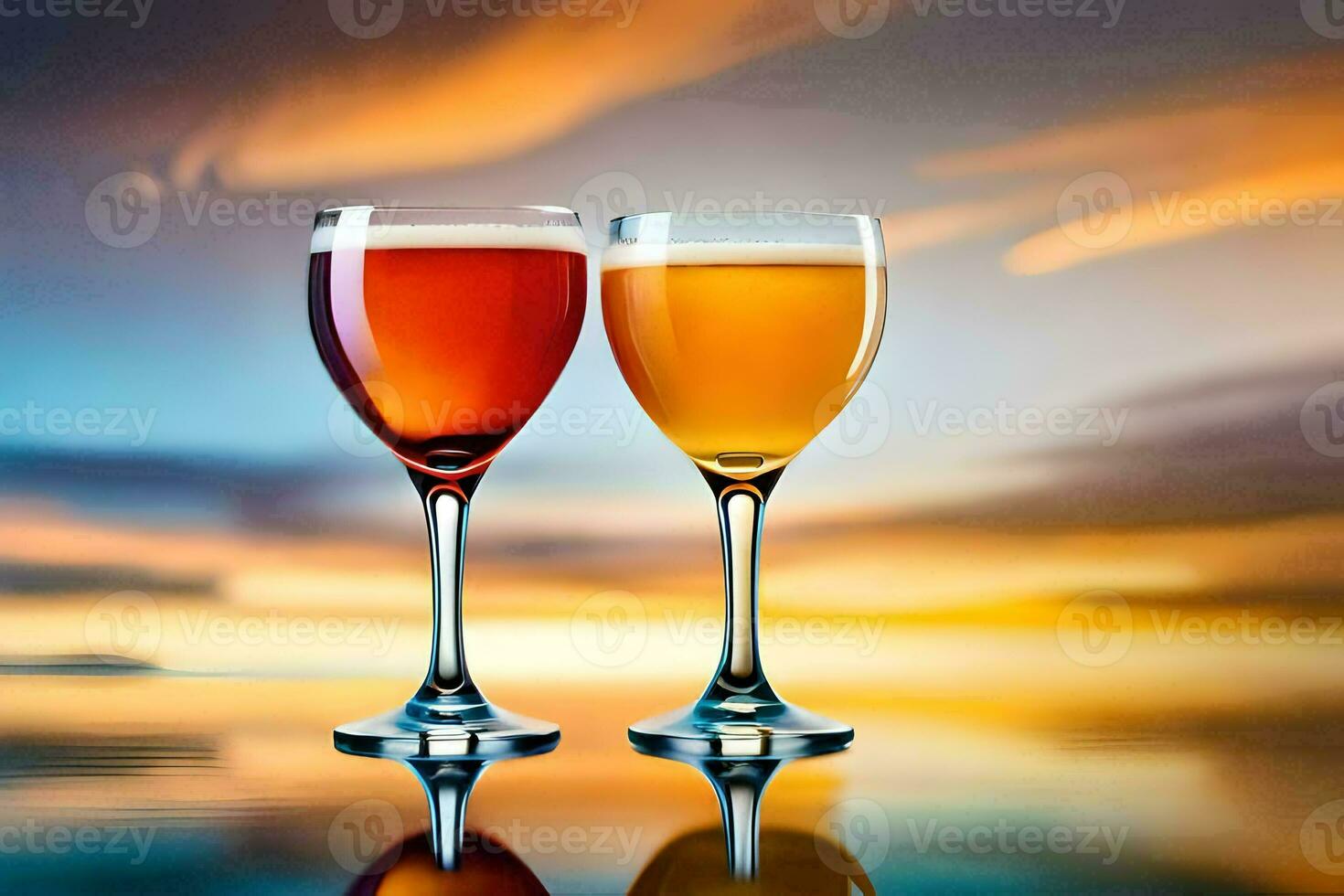 two glasses of beer on a table with a sunset in the background. AI-Generated photo
