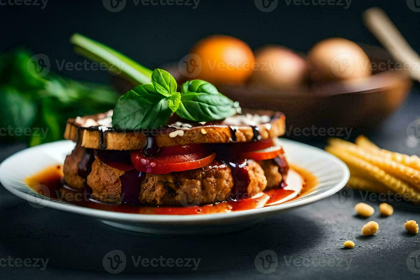 a sandwich with tomatoes and basil on a plate. AI-Generated photo