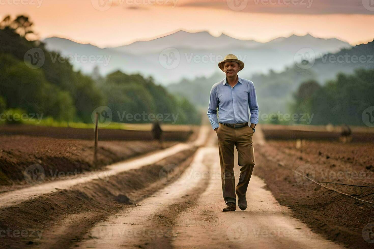 a man in a hat and shirt walking down a dirt road. AI-Generated photo