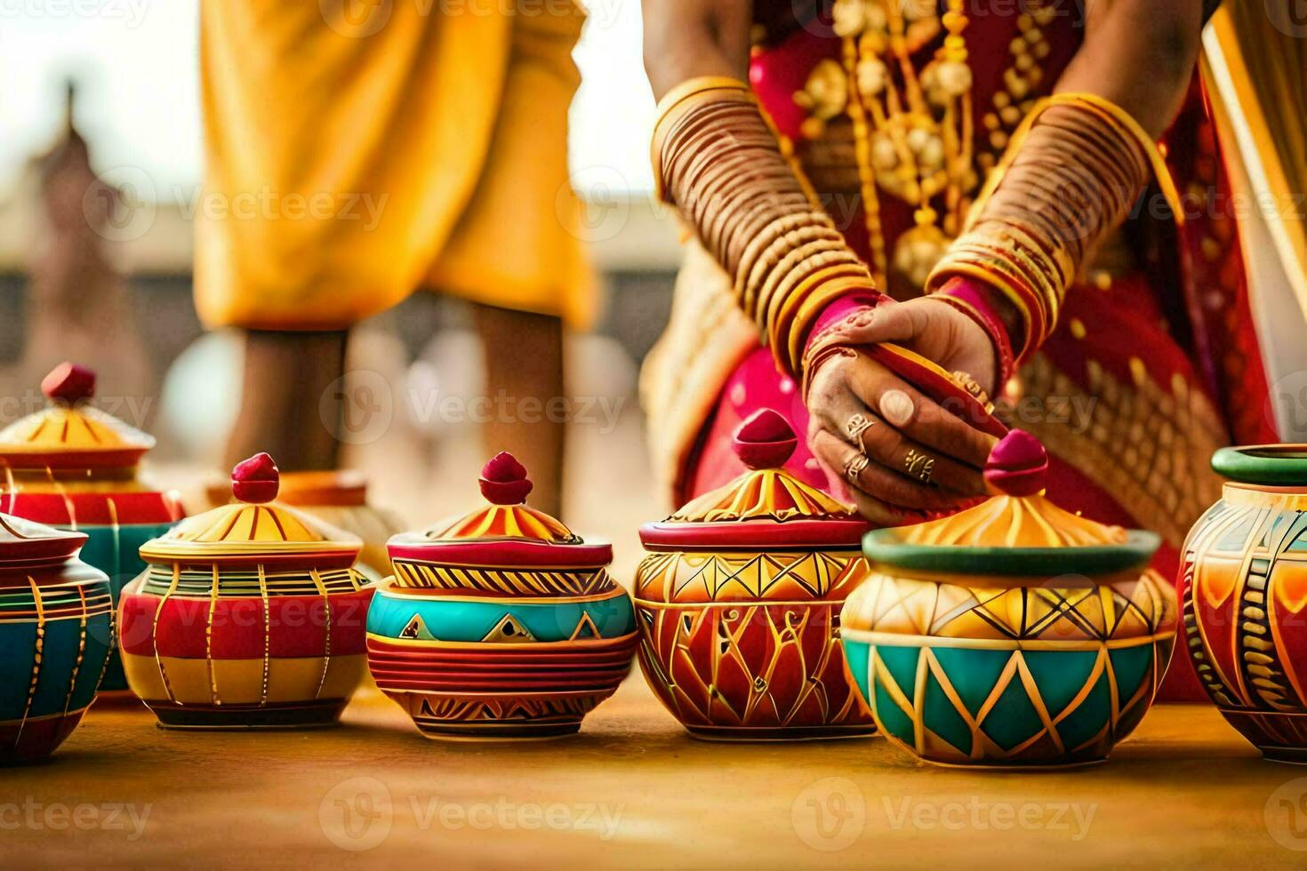 a woman in indian attire is holding a pot with colorful paint on it. AI-Generated photo